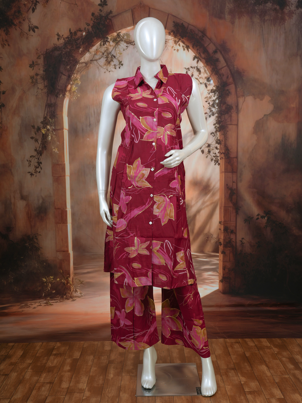 Wine Red Floral Co-ord Set with A-Line Cut