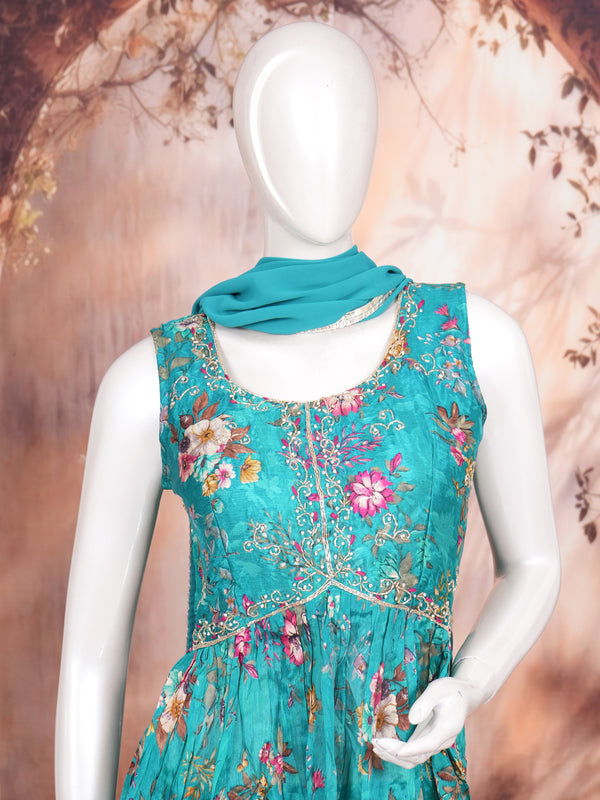 Teal Blue with Floral printed Dupatta Ready Made Kurti Set