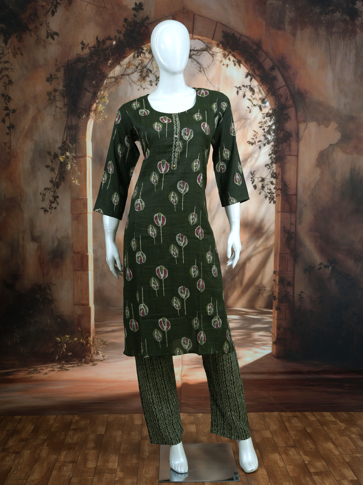 Olive Green Printed Cotton Kurti Set