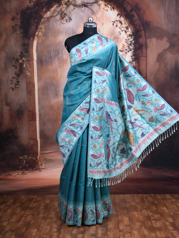 Teal Blue with Light Blue Fancy Silk Saree