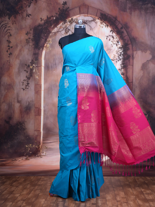 Sky Blue with Magenta Pink - Semi Silk Saree
