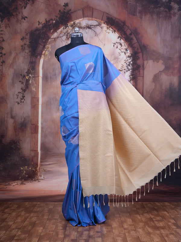Sky Blue with Creamish Gold - Semi Silk Saree