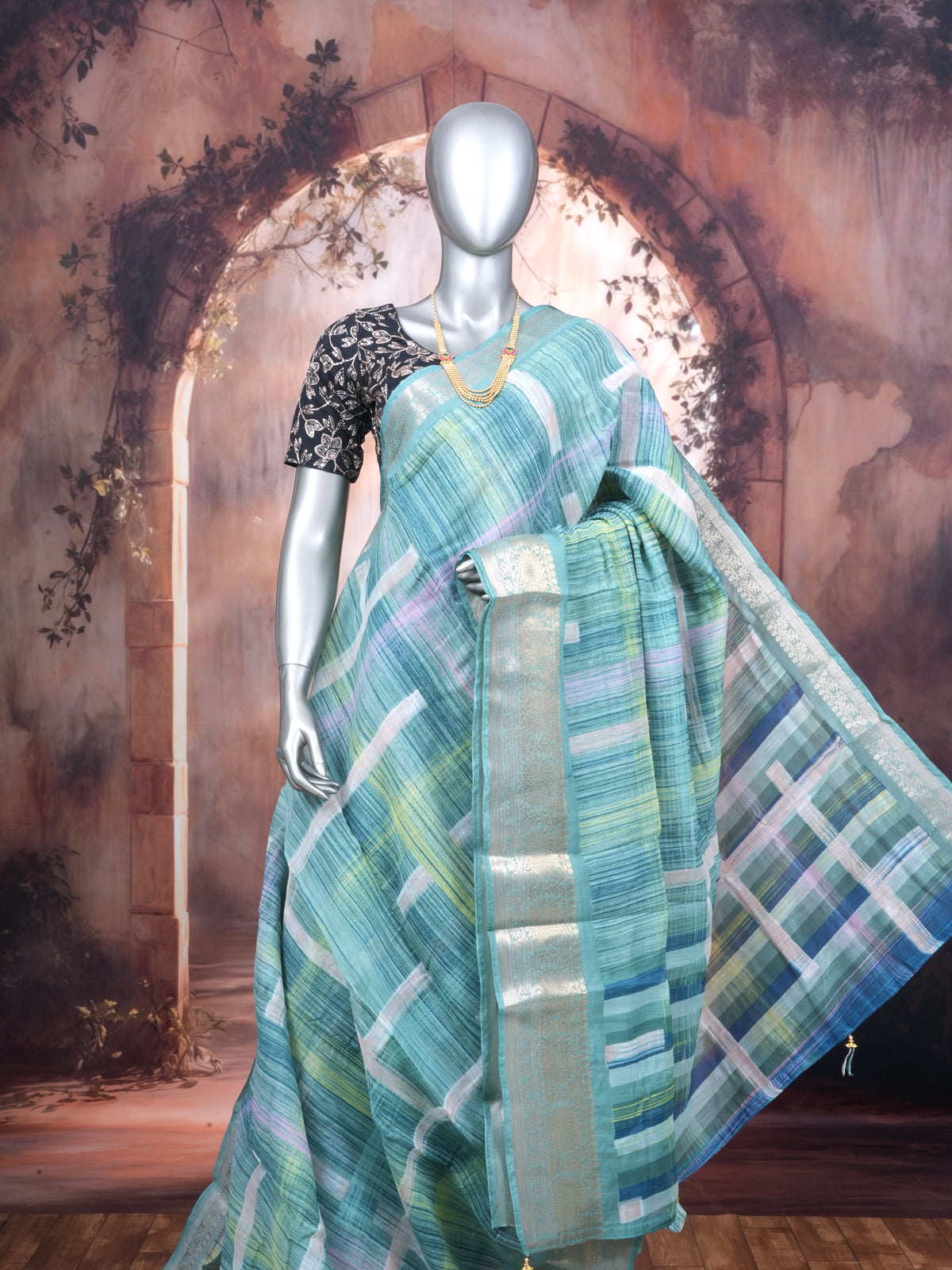 Sea Green with Silver Zari Pallu - Semi Raw Silk Saree