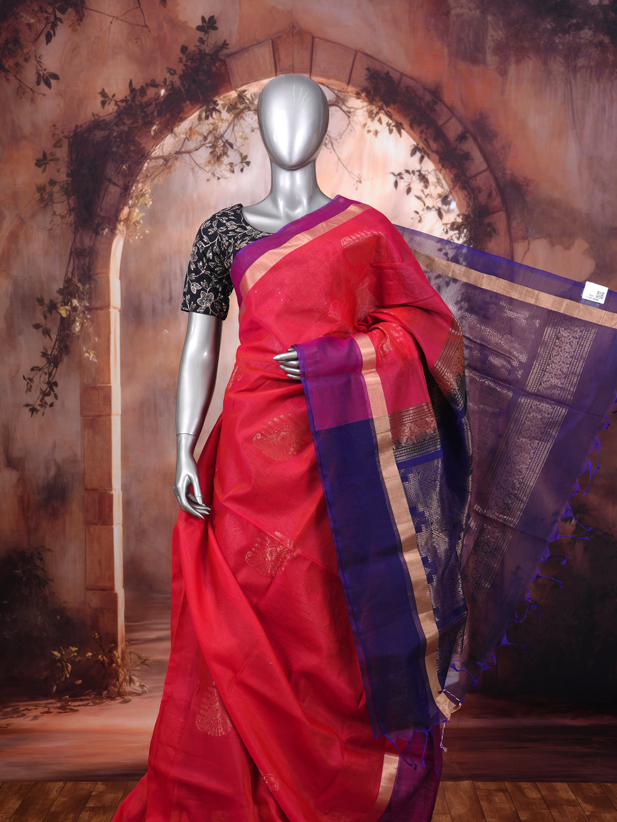 Vibrant Pink and Violet-Blue with Traditional Zari Border Pure Silk Cotton Saree