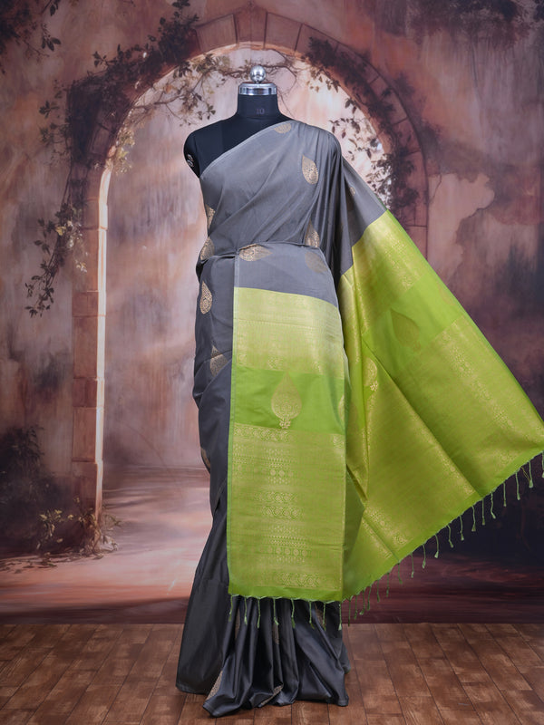Grey with Lime Green - Semi Silk Saree