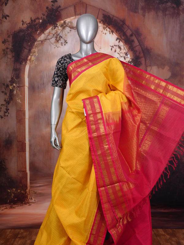 Mustard Yellow and Magenta Pink Pure Silk Cotton Saree