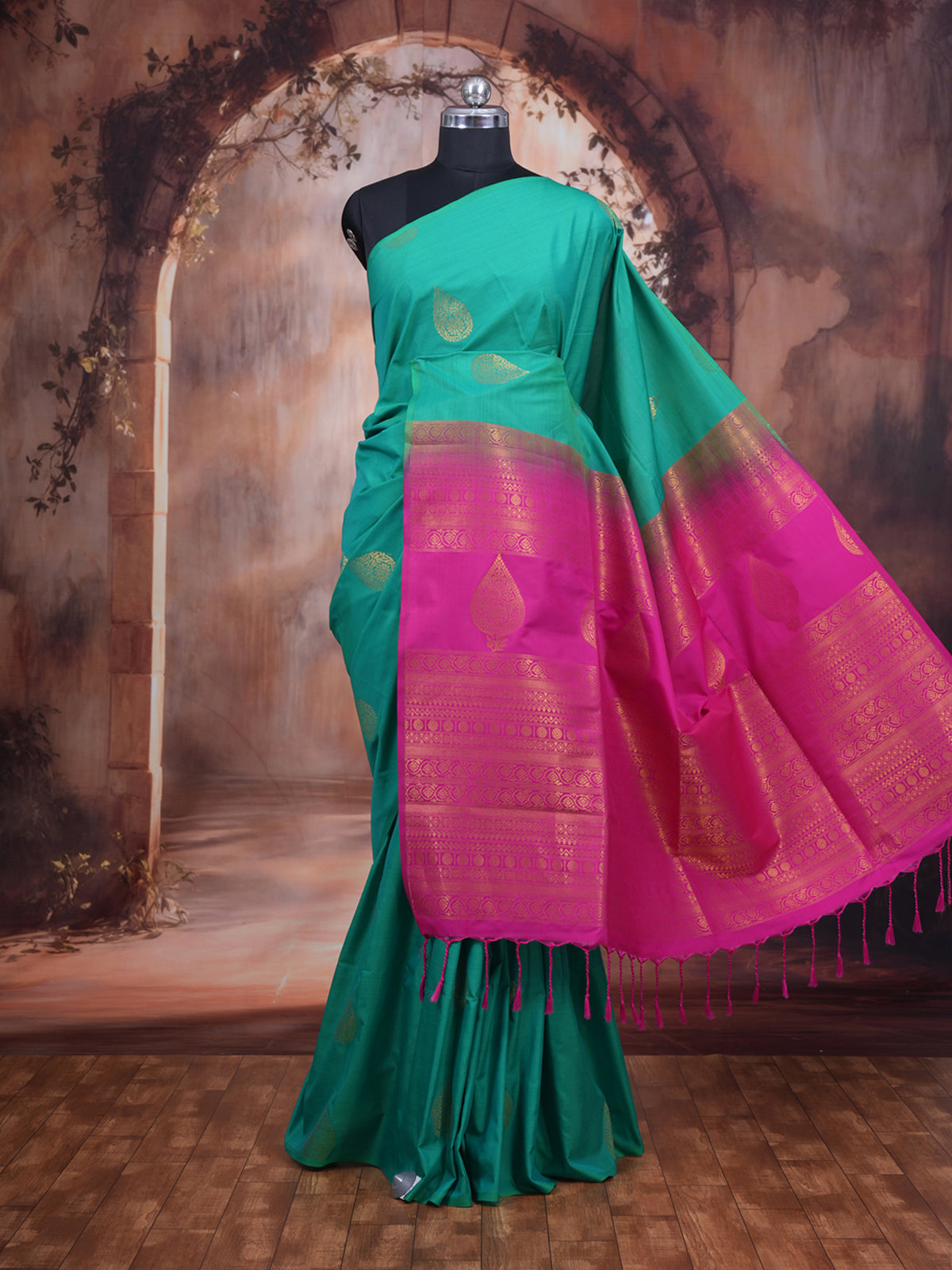 Sea Green with Magenta Semi Silk Saree