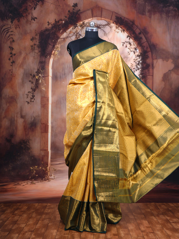 Yellow and Dark Green Kanchipuram Pure Mix Saree