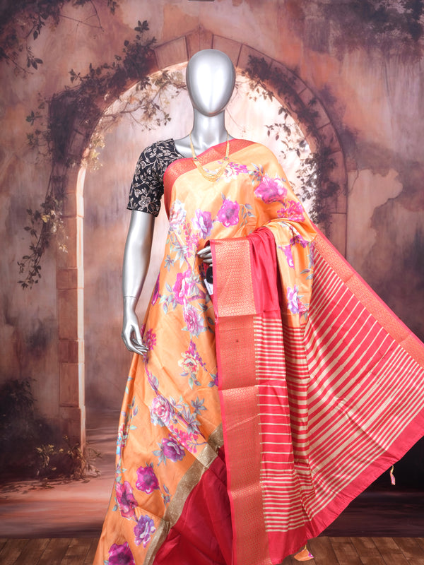 Orange with Pink Saree - Semi Raw Silk Saree