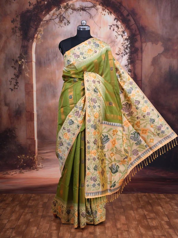 Olive Green with Off-White Cream Fancy Silk Saree
