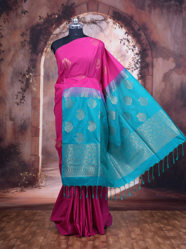 Magenta Pink with Turquoise Blue - Semi Silk Saree