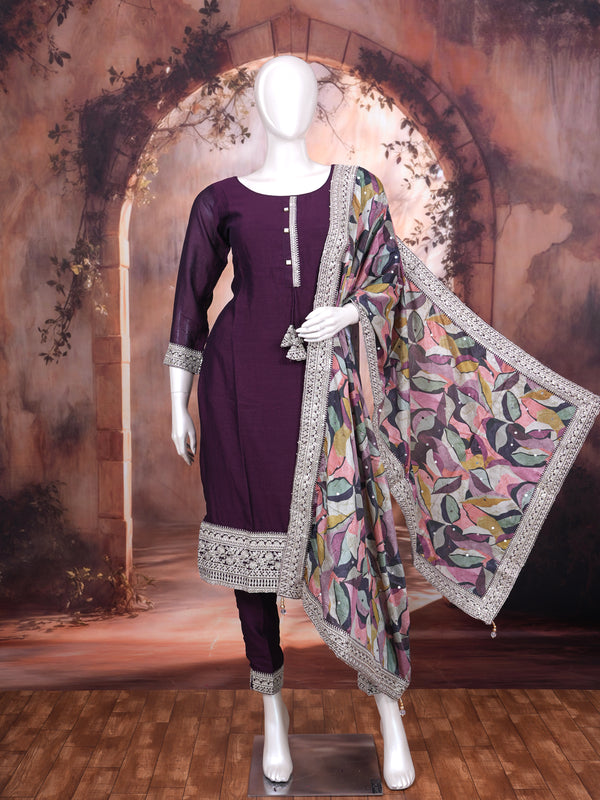 Deep Wine with Multi-Color Printed Dupatta Ready Made Kurti Set