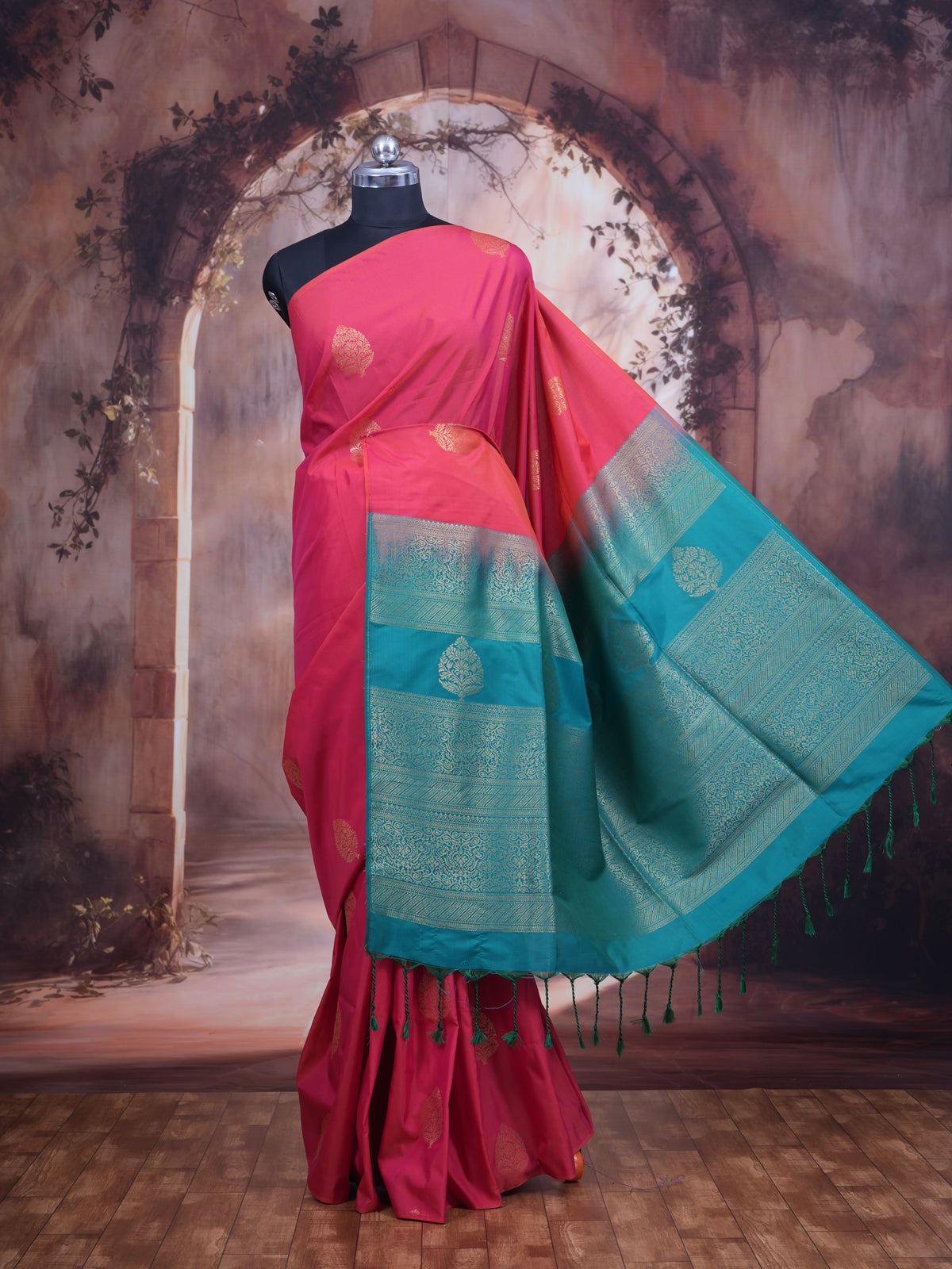 Pink with Teal - Semi Silk Saree
