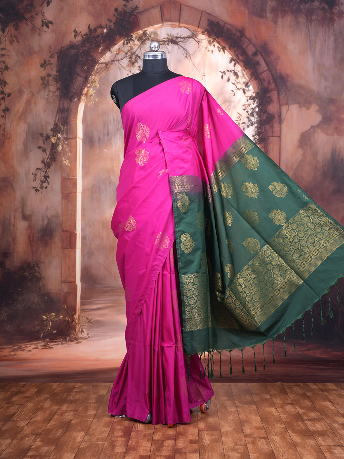 Magenta with Teal Green Semi Silk Saree