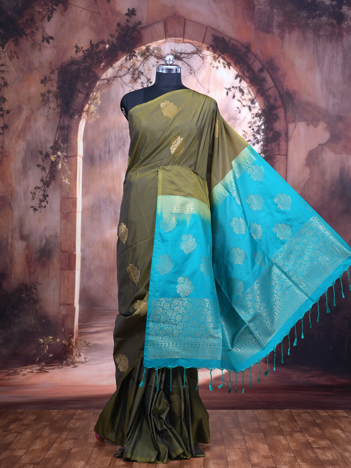 Olive Green with Turquoise Blue - Semi Silk Saree