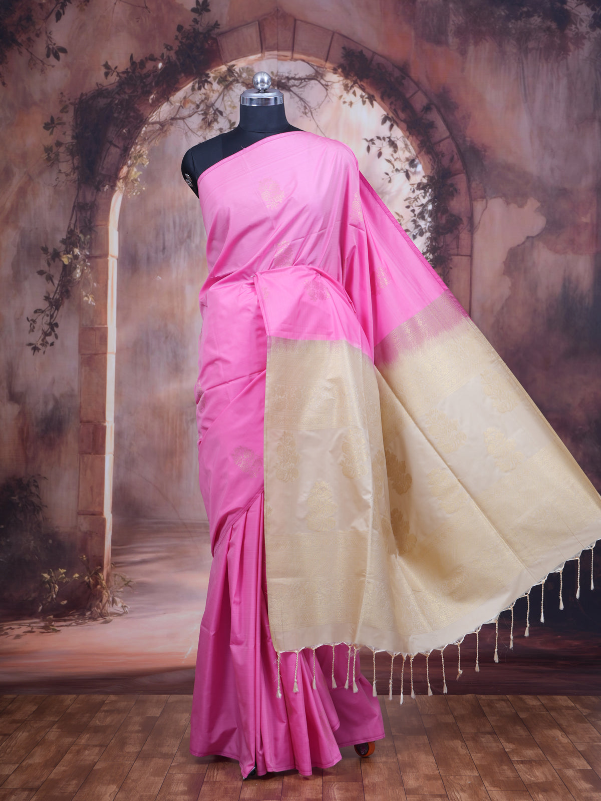 Pink with Cream - Semi Silk Saree