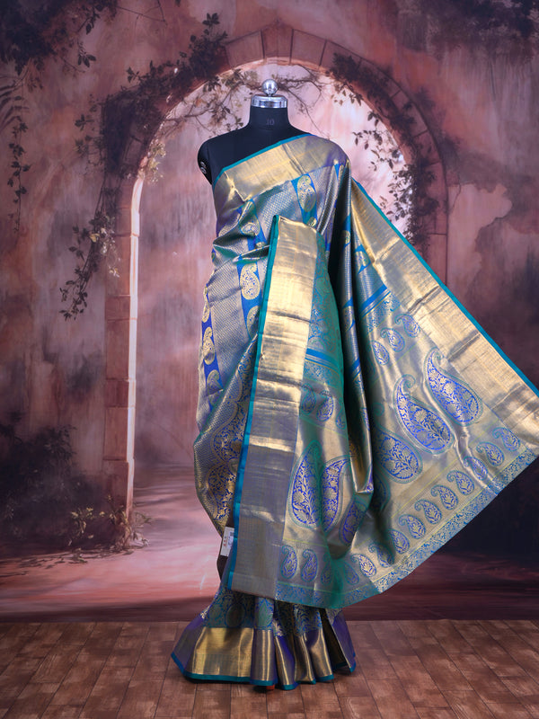 Peacock Blue and Teal Pure Kanchipuram Silk Saree