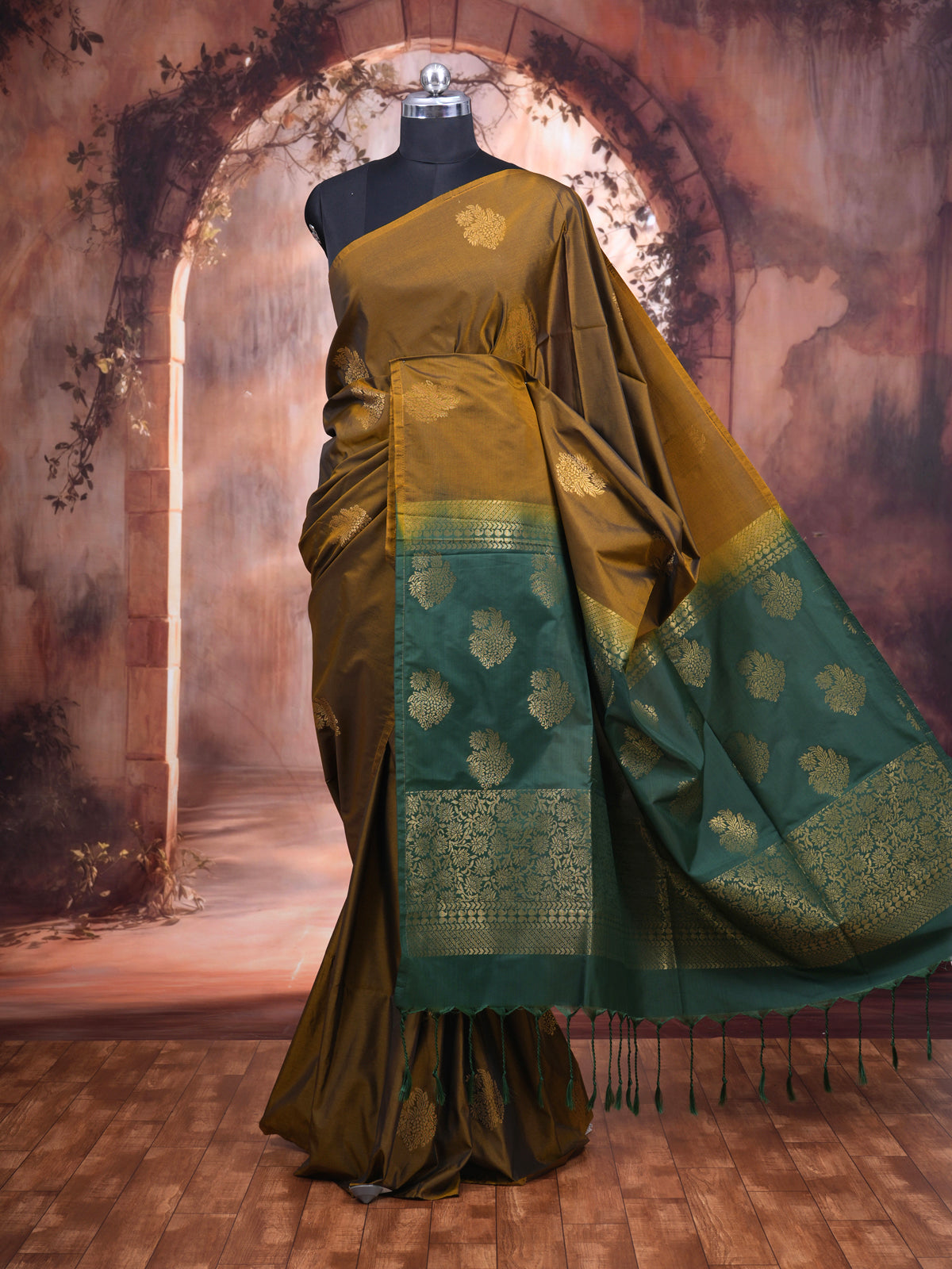 Olive Green with Teal Blue Pallu  Semi Silk Saree