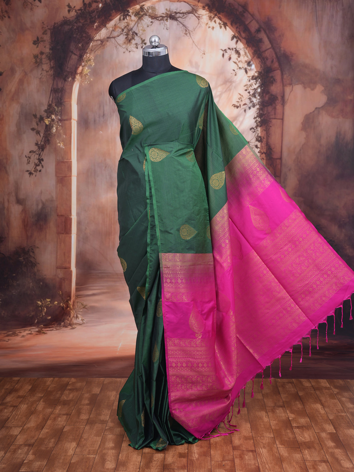 Green with Pink - Semi Silk Saree