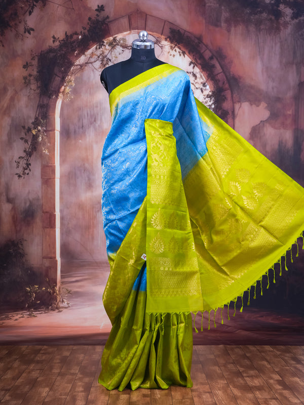 Sky Blue and Lime Green Pure Soft Silk Saree