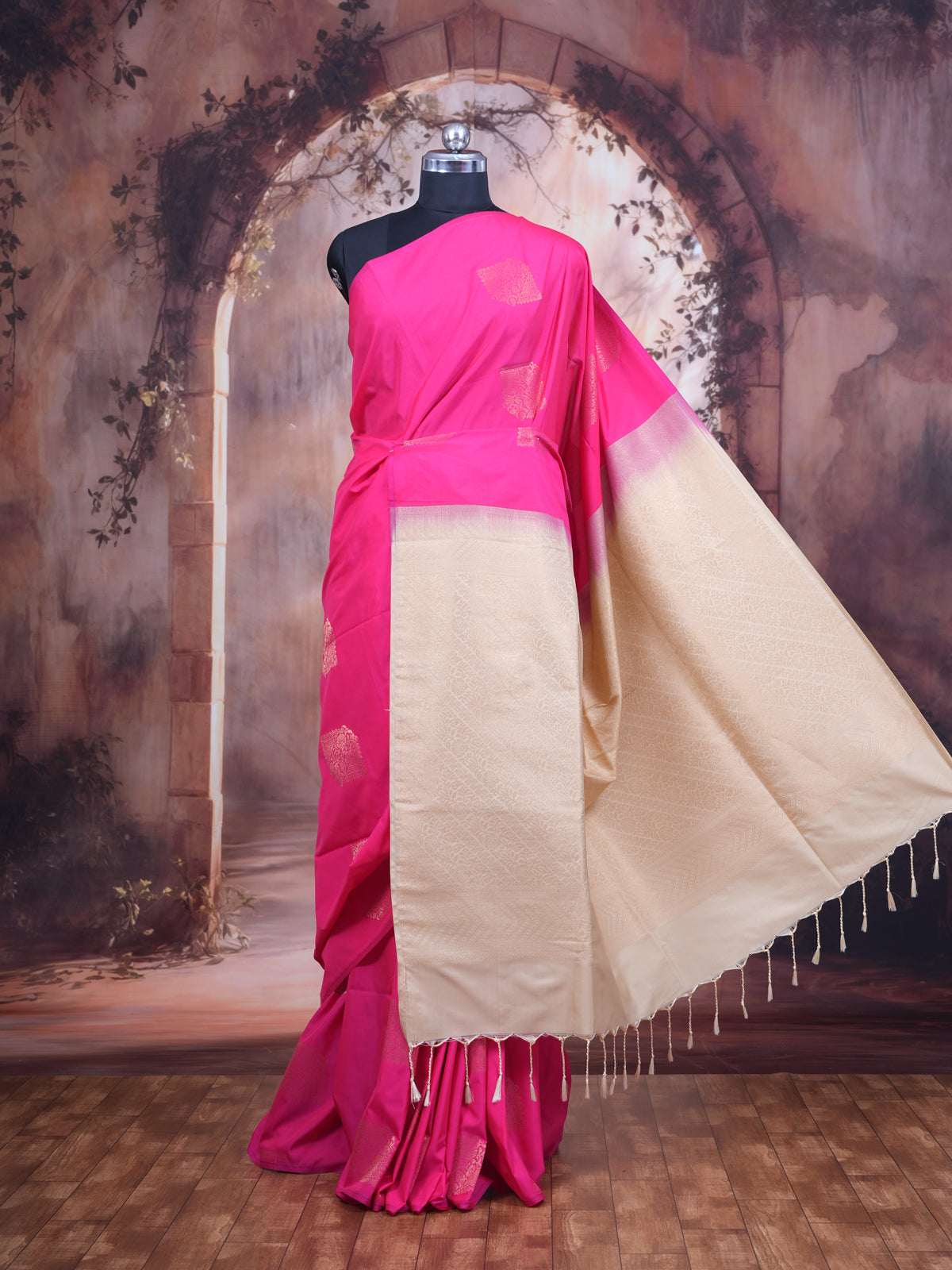 Pink with Off-White - Semi Silk Saree