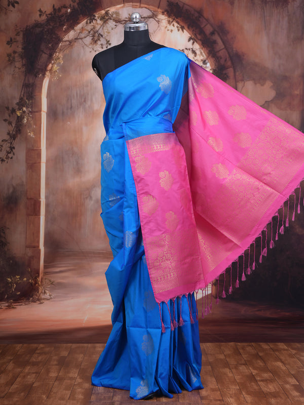 Sky Blue with Pink - Semi Silk Saree