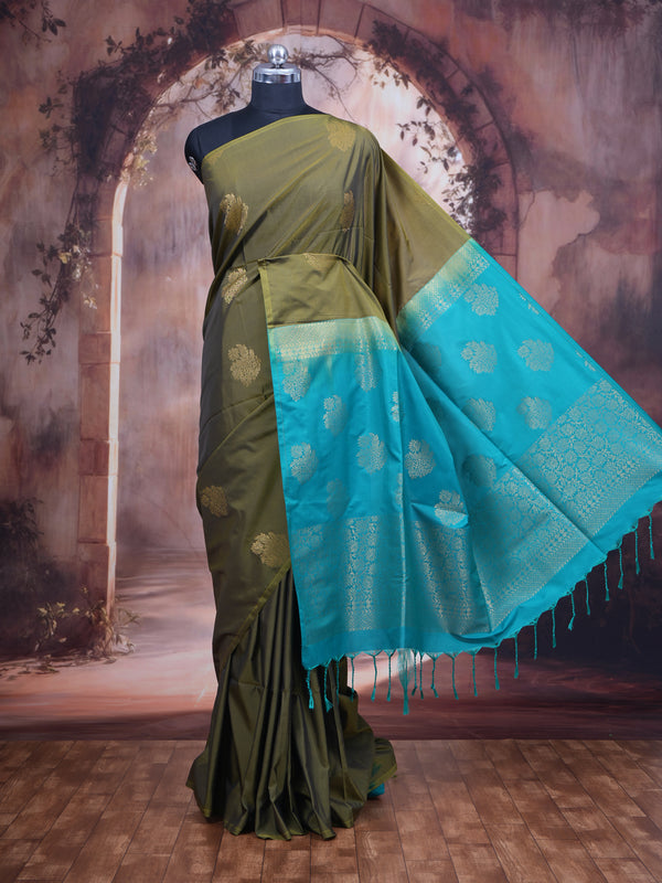 Olive Green with Turquoise Blue - Semi Silk Saree