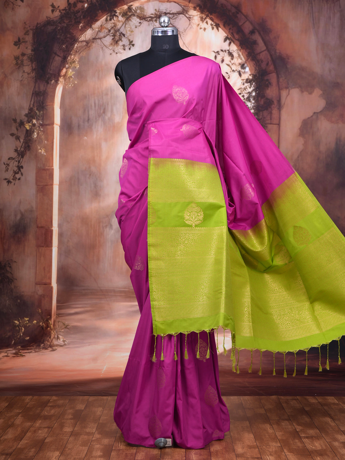 Magenta Pink with Lime Green  Semi Silk Saree