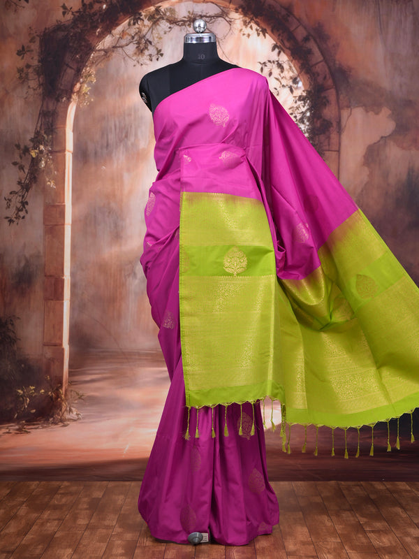 Magenta Pink with Lime Green  Semi Silk Saree