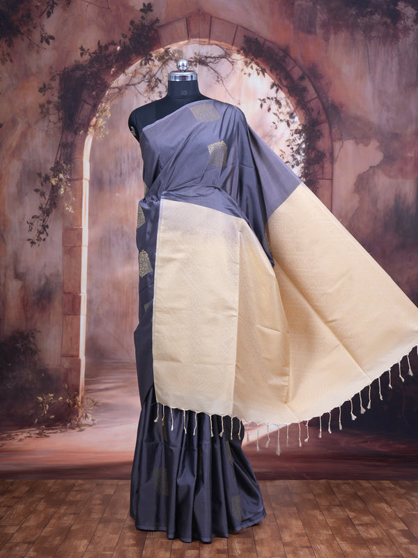 Grey with Cream - Semi Silk Saree