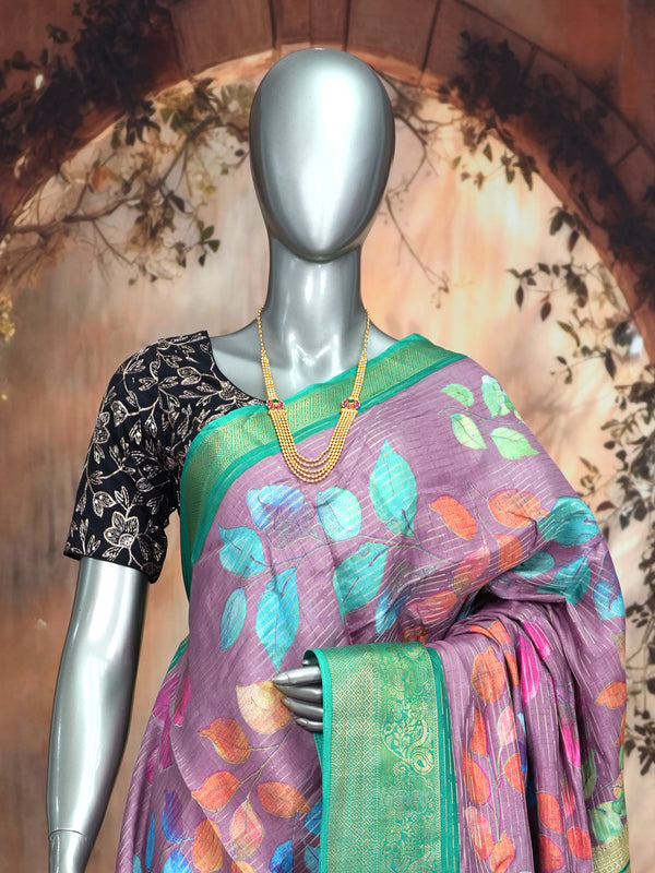 Onion Pink with Sea Green - Semi Raw Silk Saree