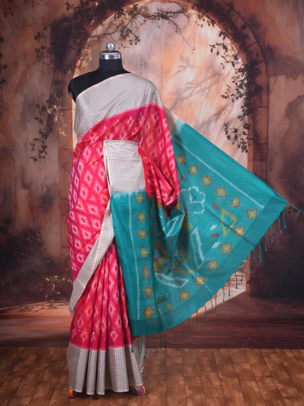 Pink and Cream with Teal Green - Pure Kanchipuram Silk Saree