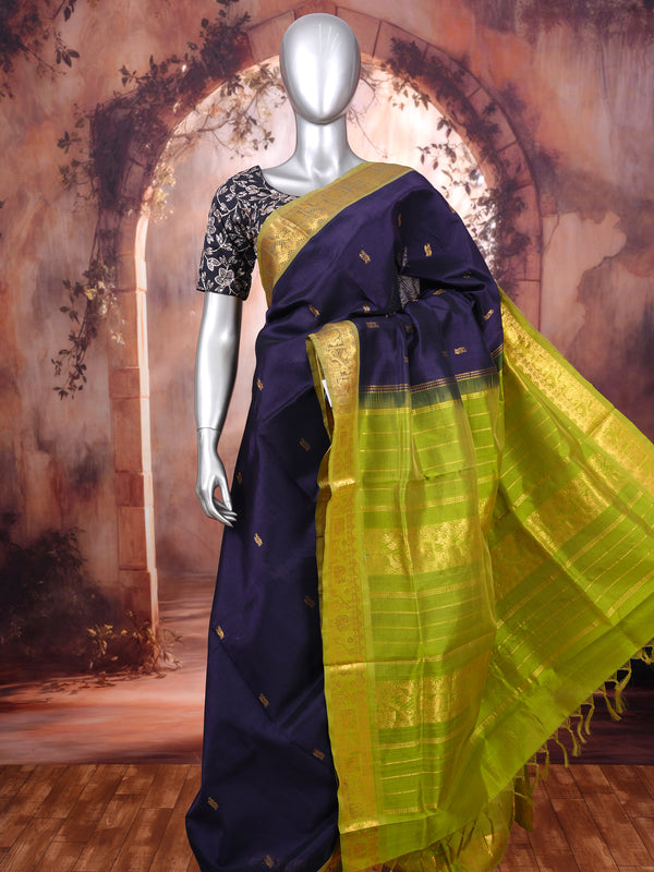 Elegant Royal Purple with Lime Green Zari Border pure Silk cotton Saree