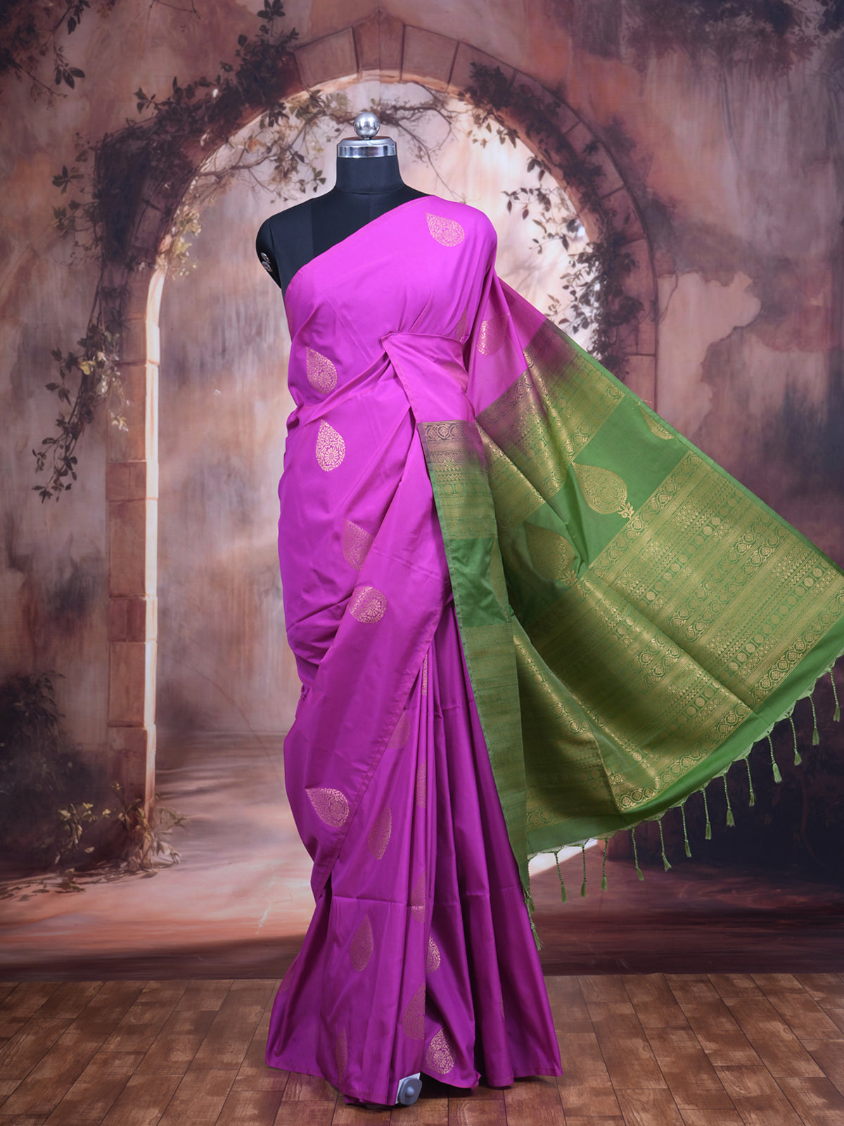 Magenta with Green - Semi Silk Saree