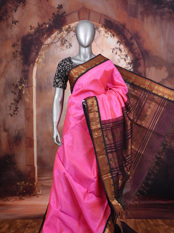 Elegant Rani Pink With Wine-colored border Pure Silk Cotton Saree