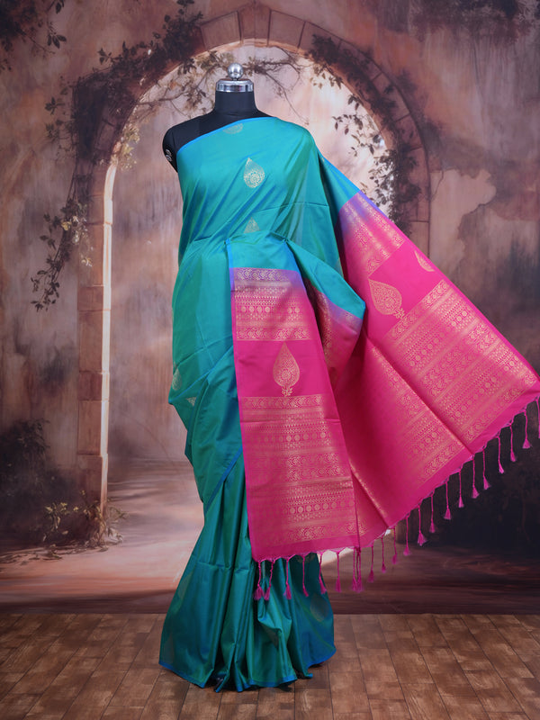 Cyan Blue with Rani Pink - Semi Silk Saree