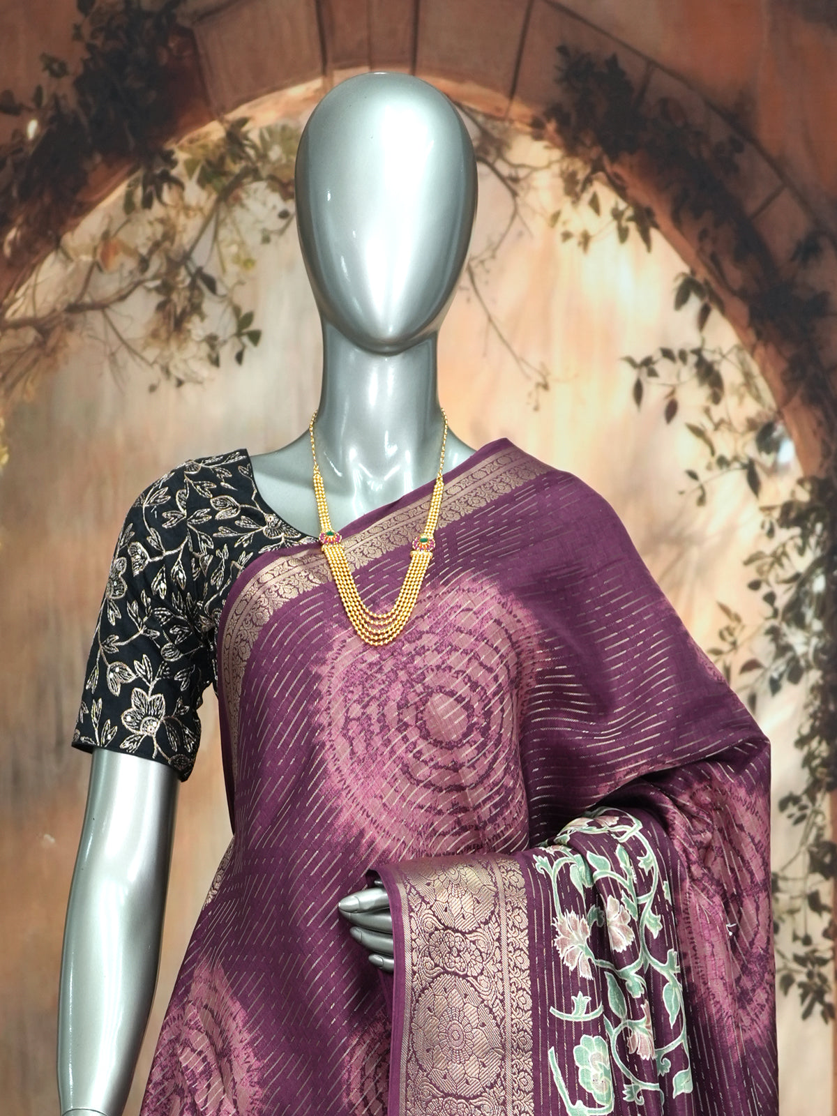 Elegant Deep Purple with Floral Pastel Munthi - Semi Raw Silk Saree