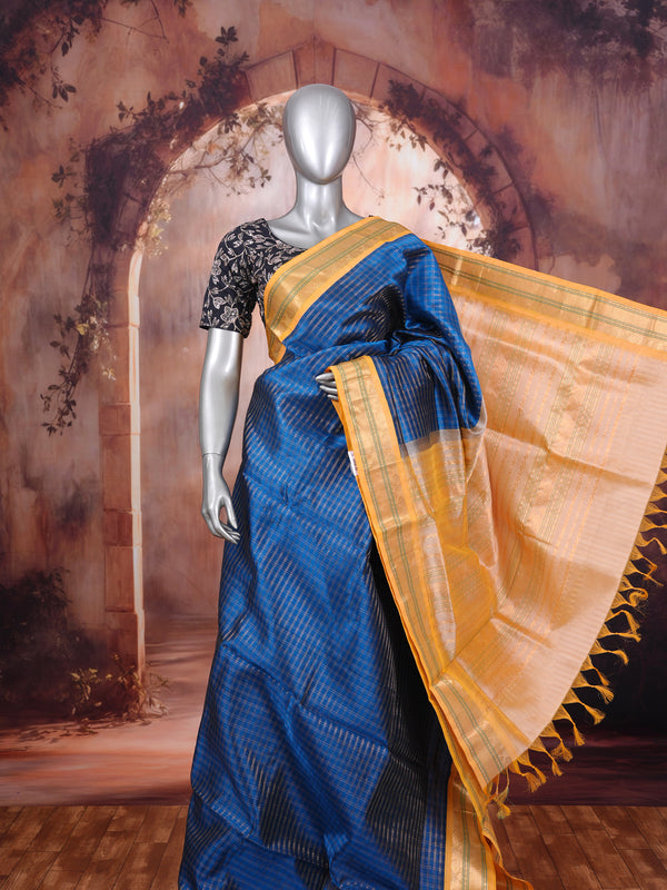 Royal Blue with Mustard Yellow Zari Border Pure Silk Cotton Saree