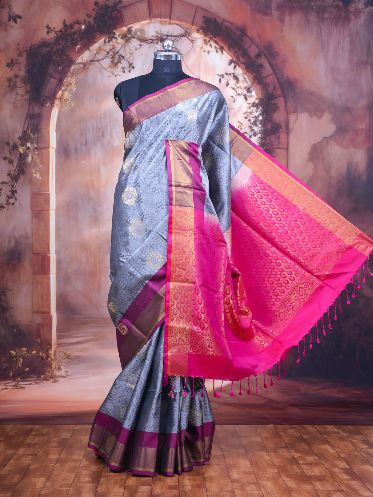 Grey and Magenta Pure Soft Silk Saree