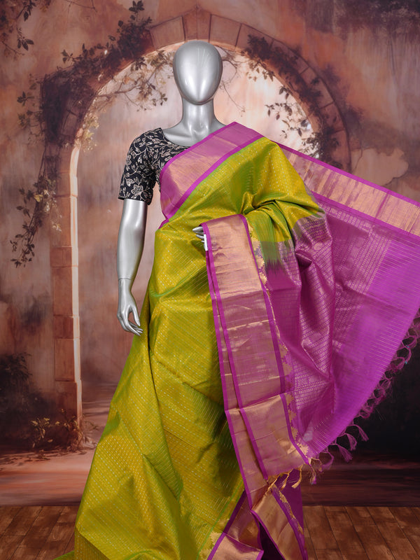 Elegant  Lime Green and Magenta Pink Pure Silk Cotton Saree