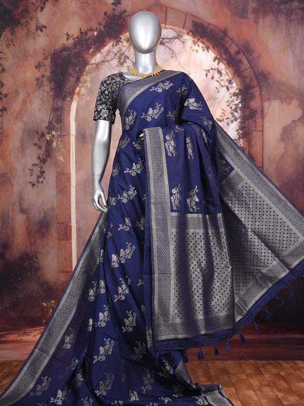 Navy Blue with Silver - Semi Tussar Saree