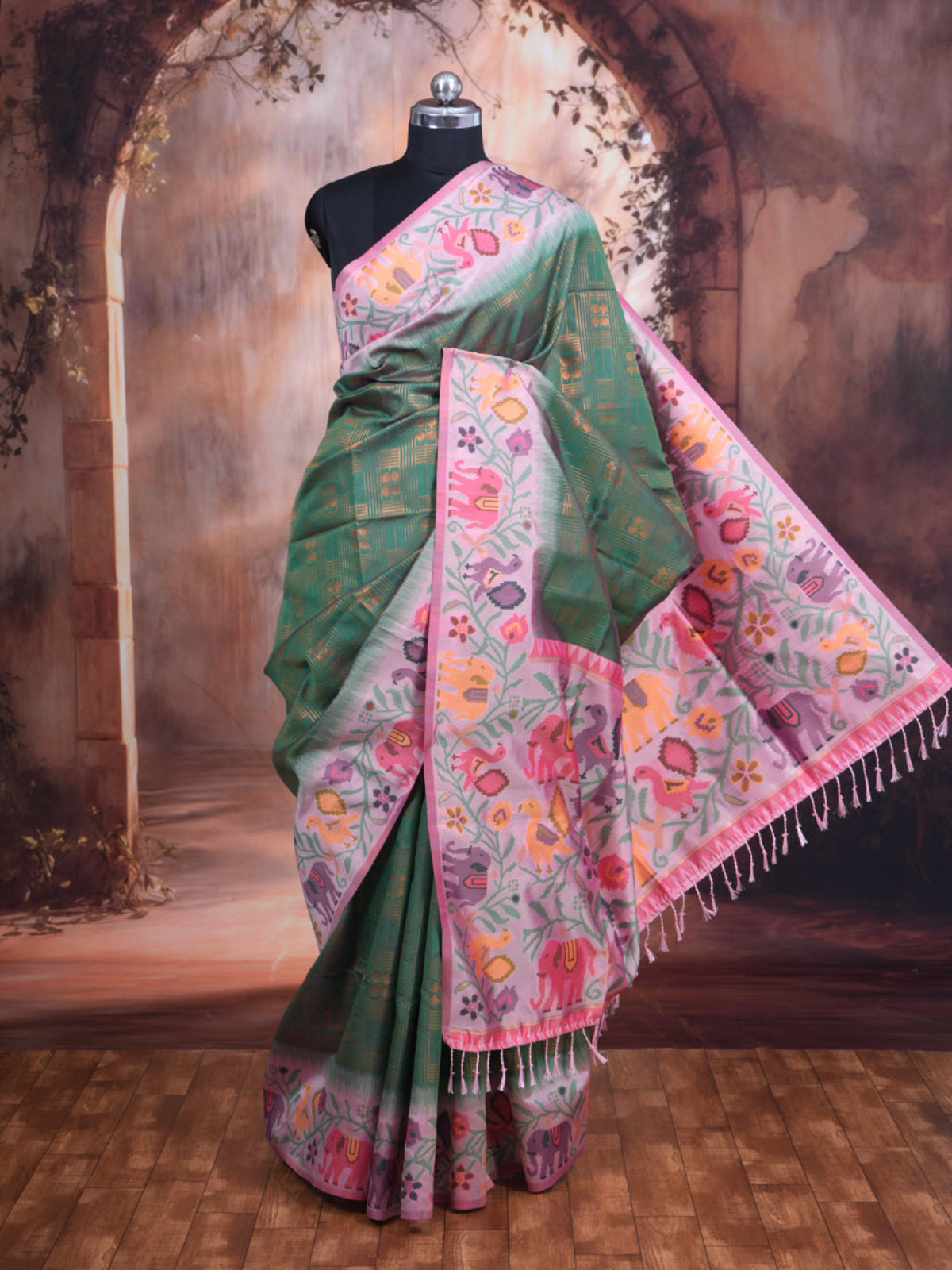 Elegant Moss Green with Lavender Fancy Silk Saree