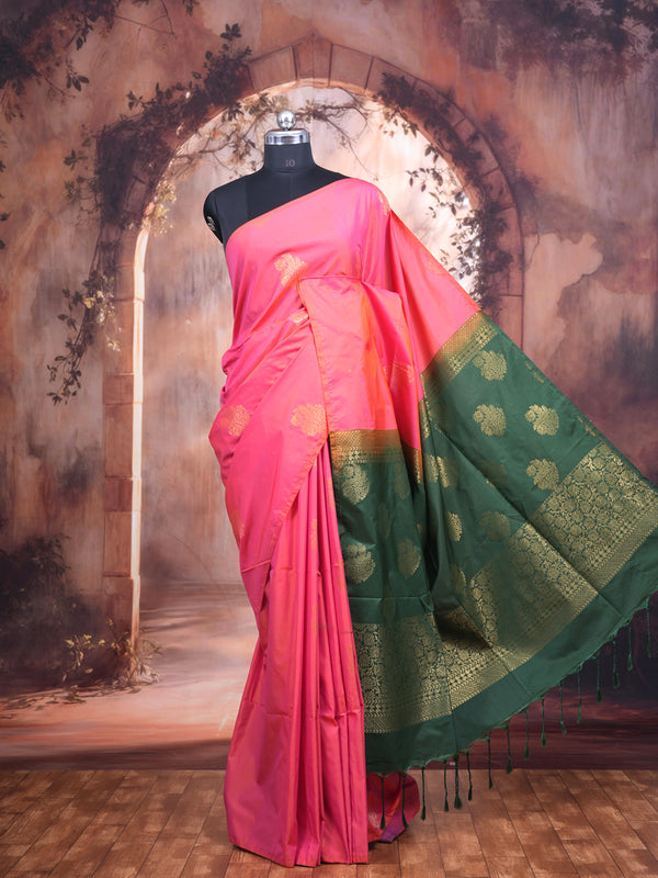 Pink with Dark Green - Semi Silk Saree