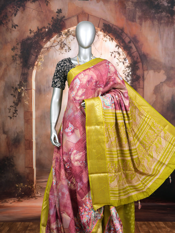Mauve Pink with Olive Green - Semi Raw Silk Saree