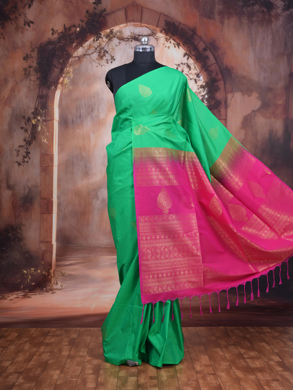 Green with Pink Semi Silk Saree