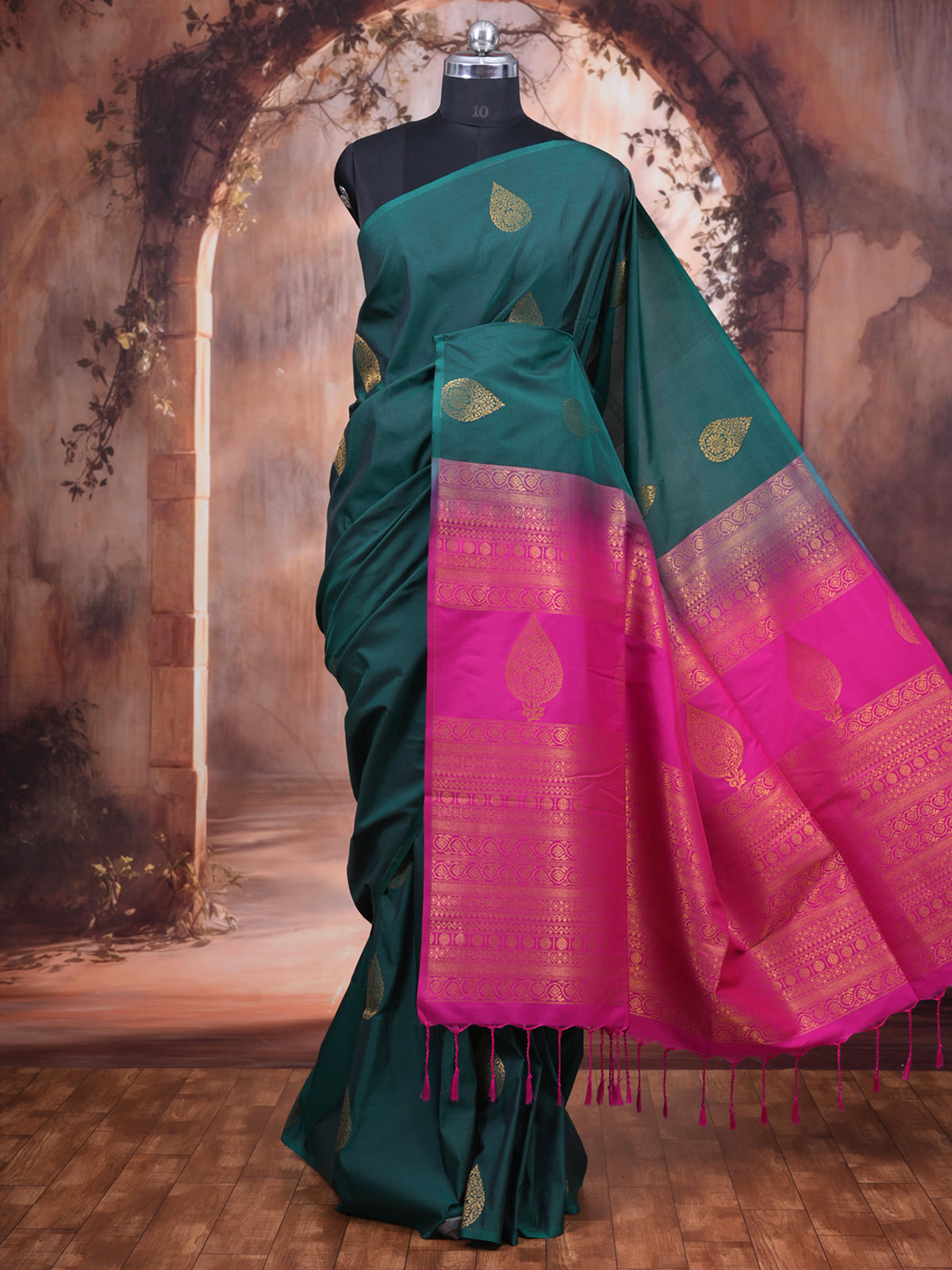 Teal Green with Pink Semi Silk Saree