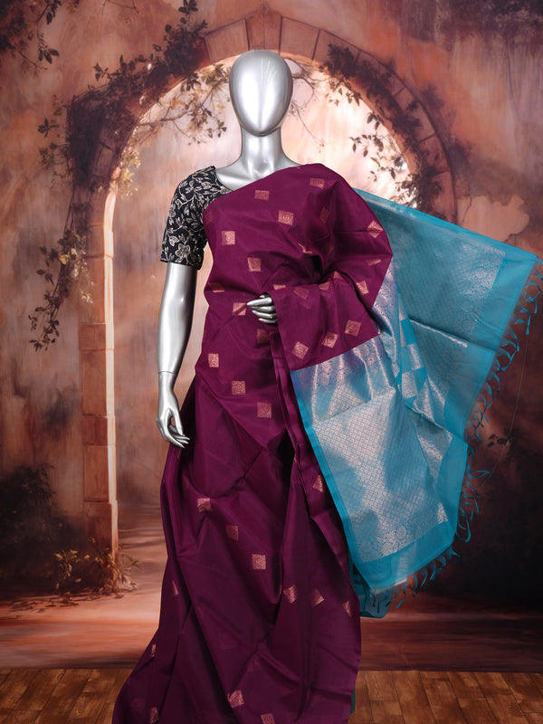 Deep Wine and Cyan Blue Zari Weave Pure Silk Cotton Saree