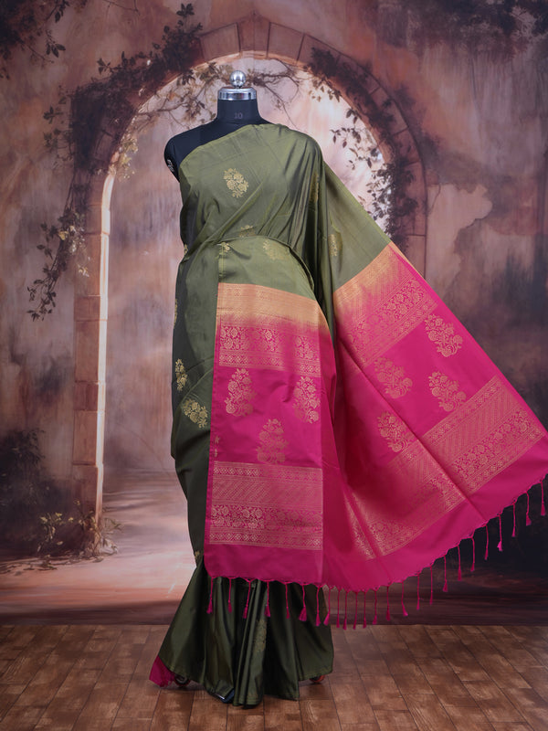 Olive Green with Magenta Pink - Semi Silk Saree