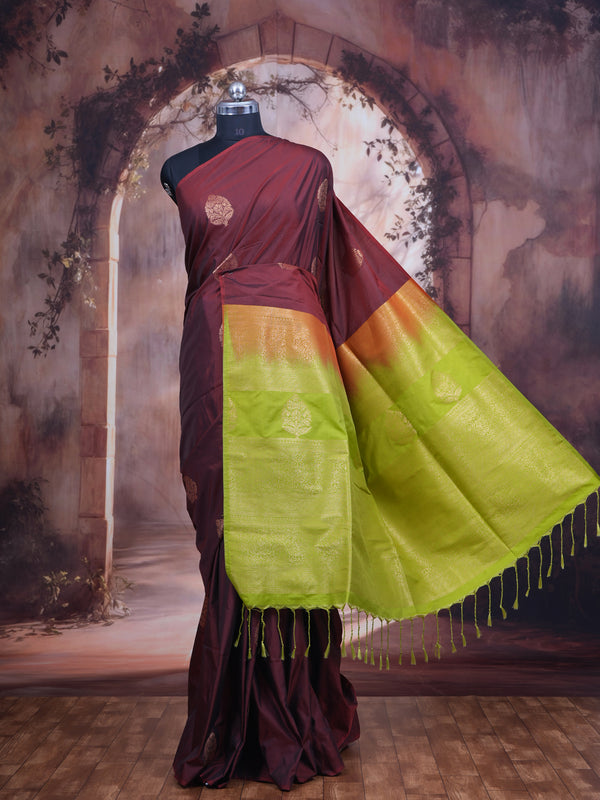 Maroon with Lime Green - Semi Silk Saree