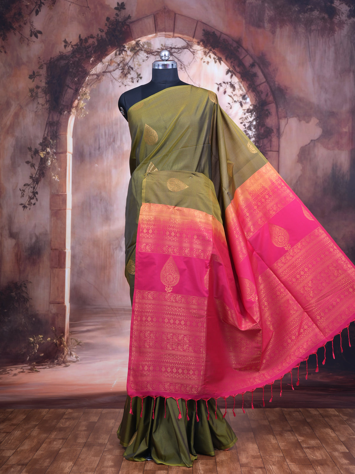 Olive Green with Pink - Semi Silk Saree